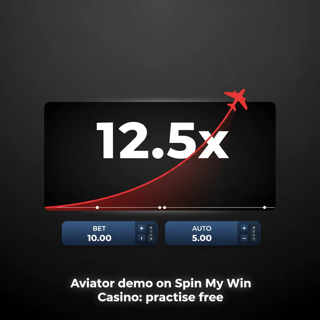 Aviator demo interface on Spin My Win Casino showing rising multiplier, Auto Cashout, and practice balance.