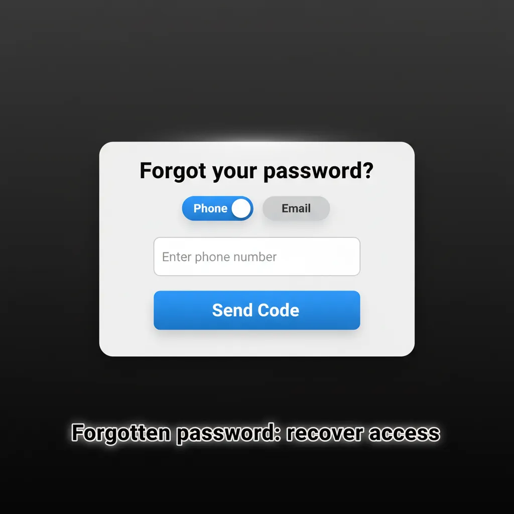 Illustration of password recovery steps: select Forgotten password, enter email or phone, reset via link or code.