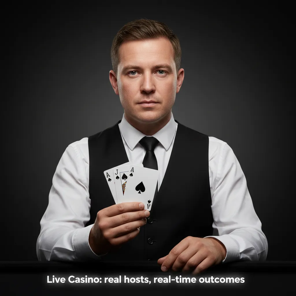 Live Casino screen with real dealer and game tiles: Live Blackjack, Roulette, Baccarat, Poker, and Game Shows.