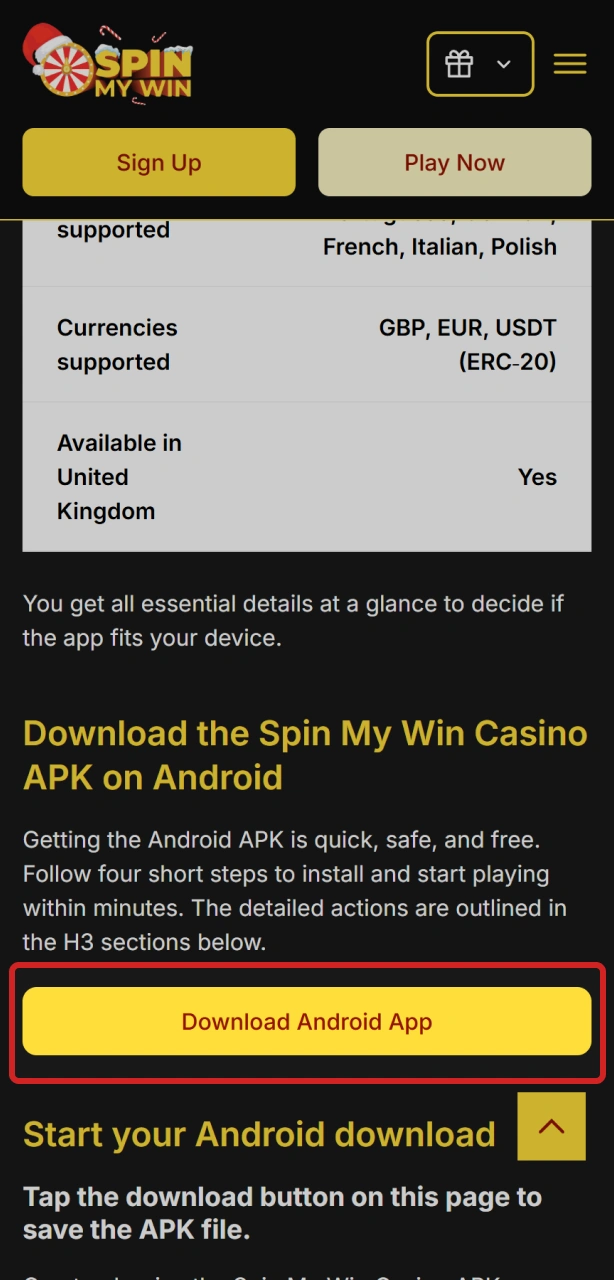 Download the Spin My Win Casino Android APK to start playing on mobile.
