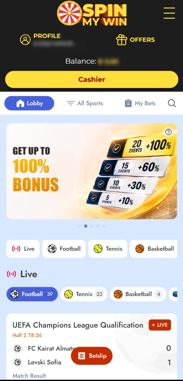 Select live or pre-match options in the Spin My Win Casino app.