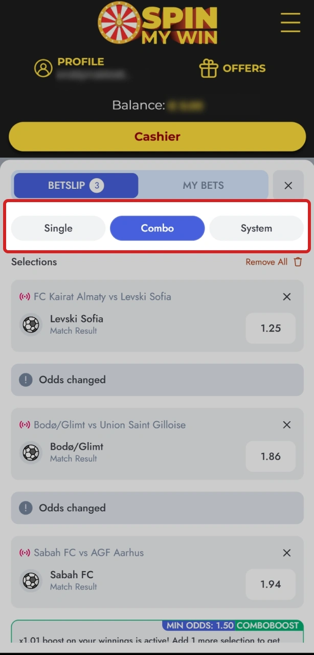 Pick single, accumulator, or system format in the Spin My Win Casino app.