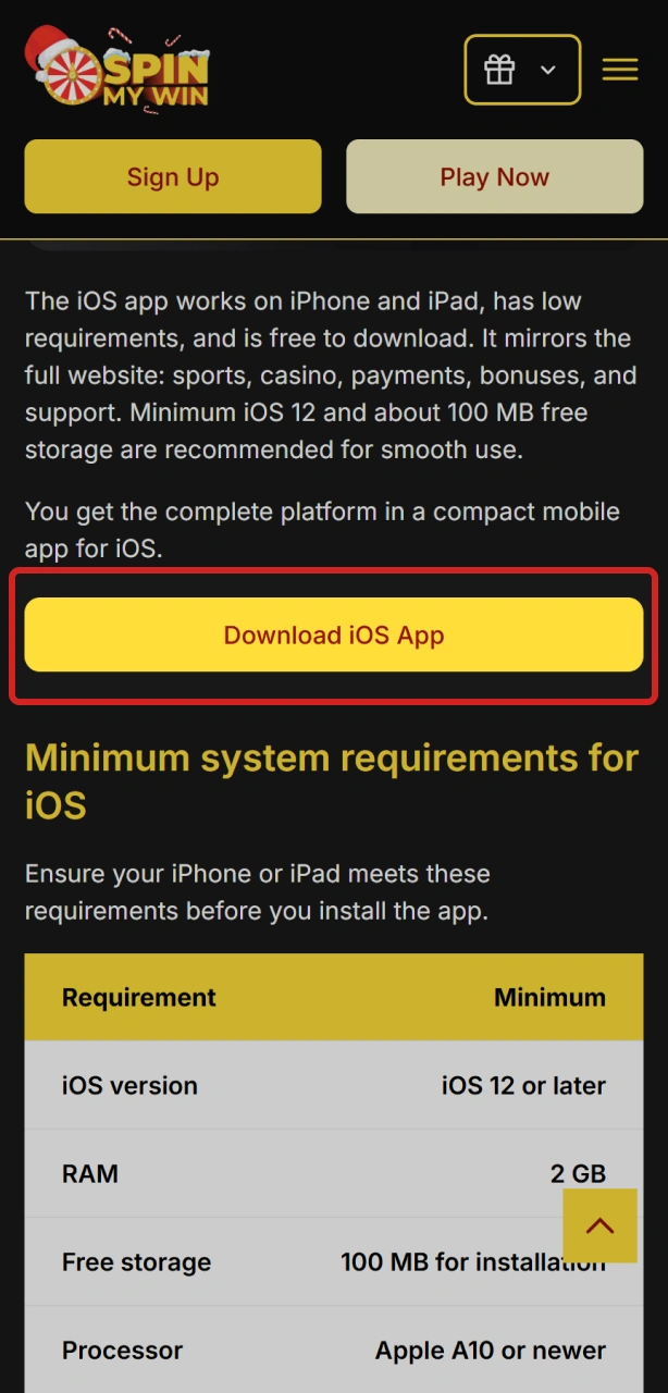 Open the Spin My Win Casino iOS app download page.