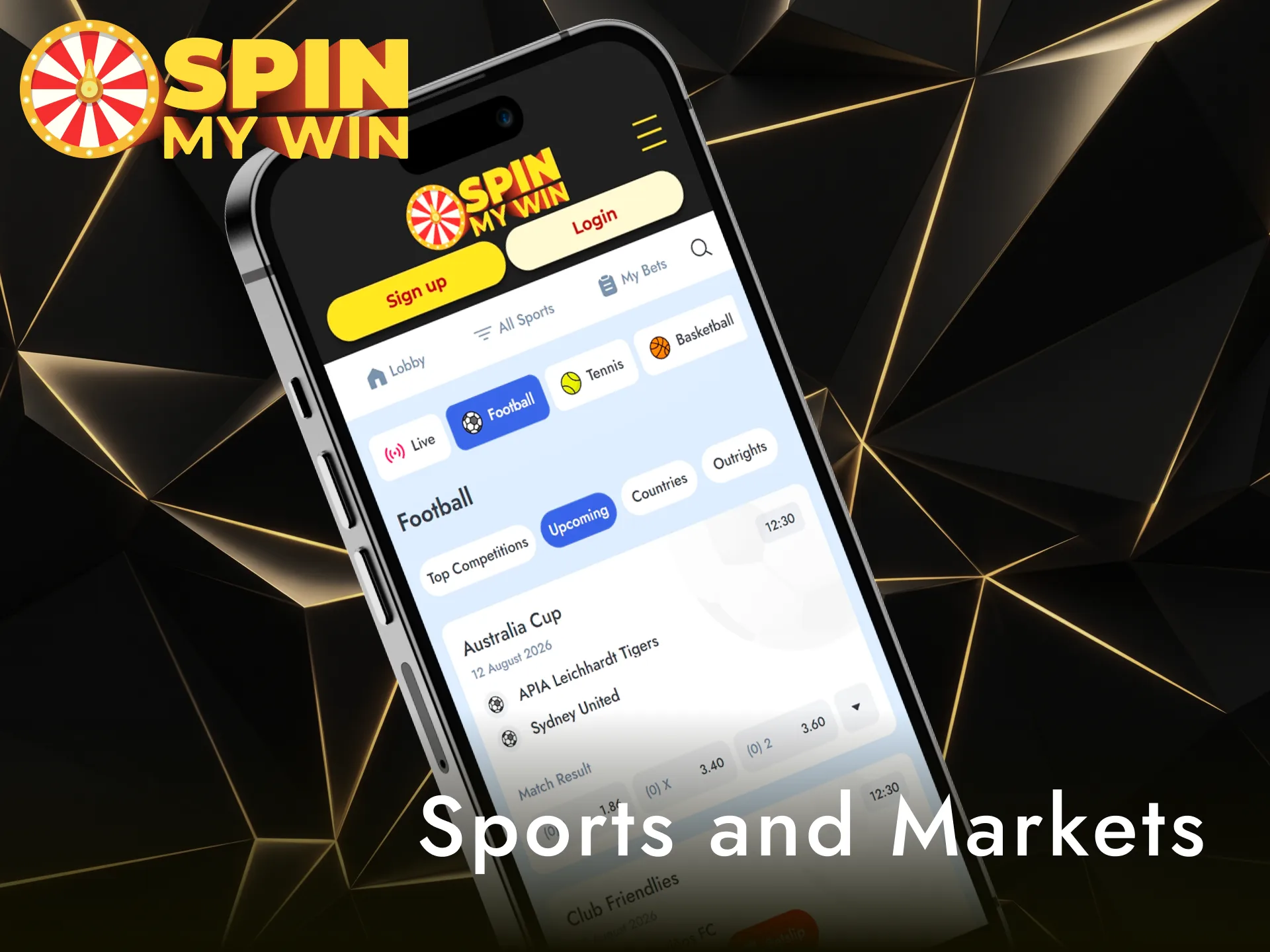 Explore sports betting markets in the Spin My Win Casino app.