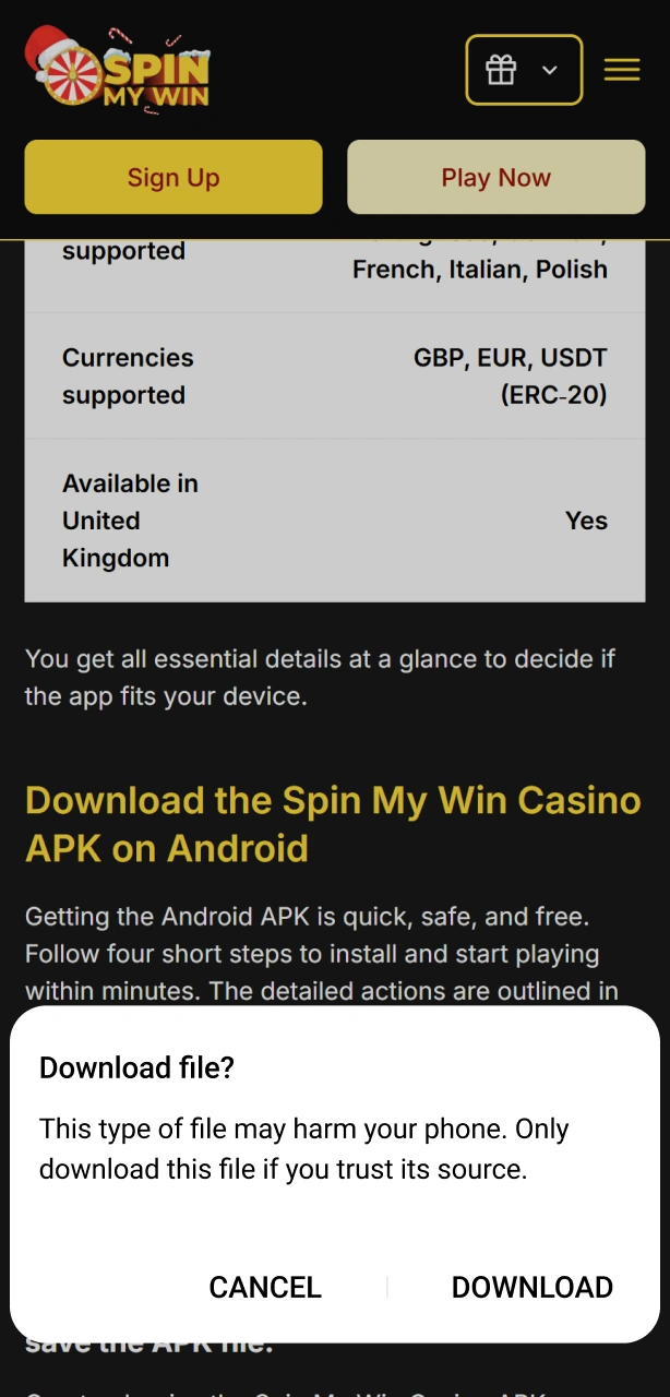 Download the latest Android APK file for Spin My Win Casino.