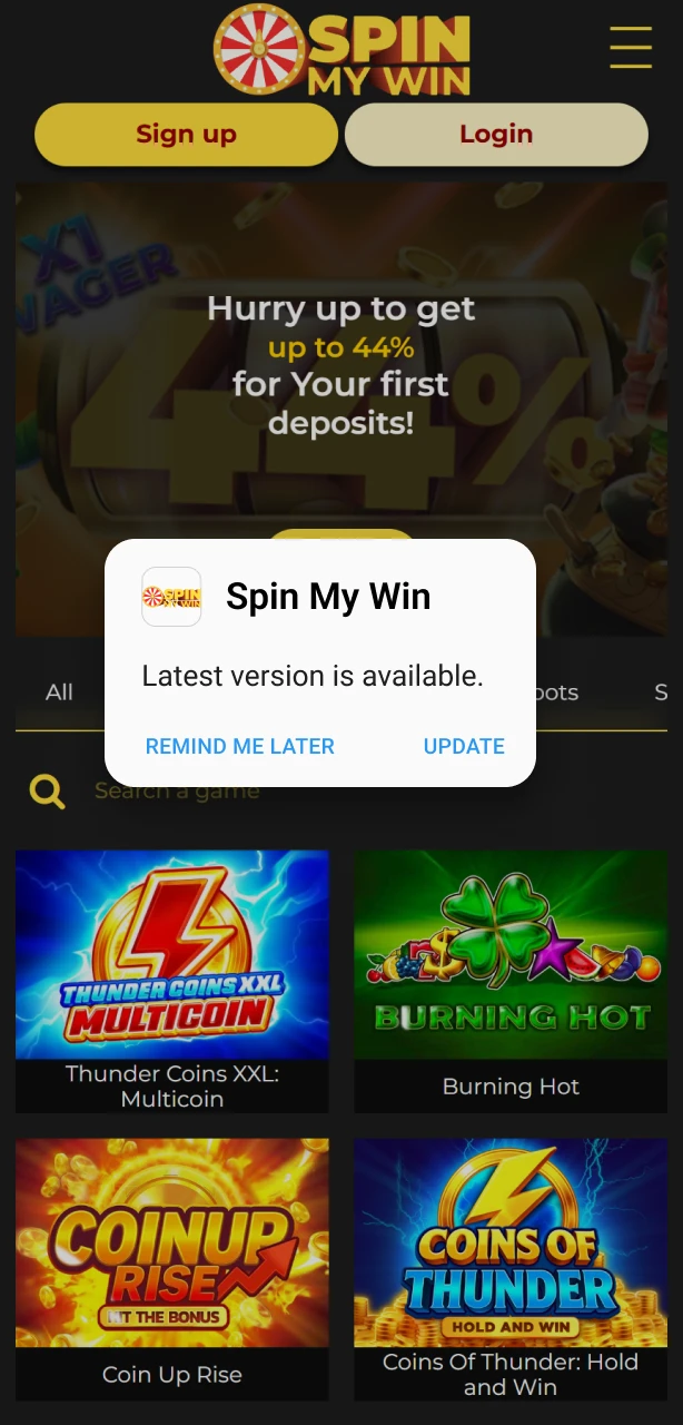 Visit the official Spin My Win Casino page to update your Android app.
