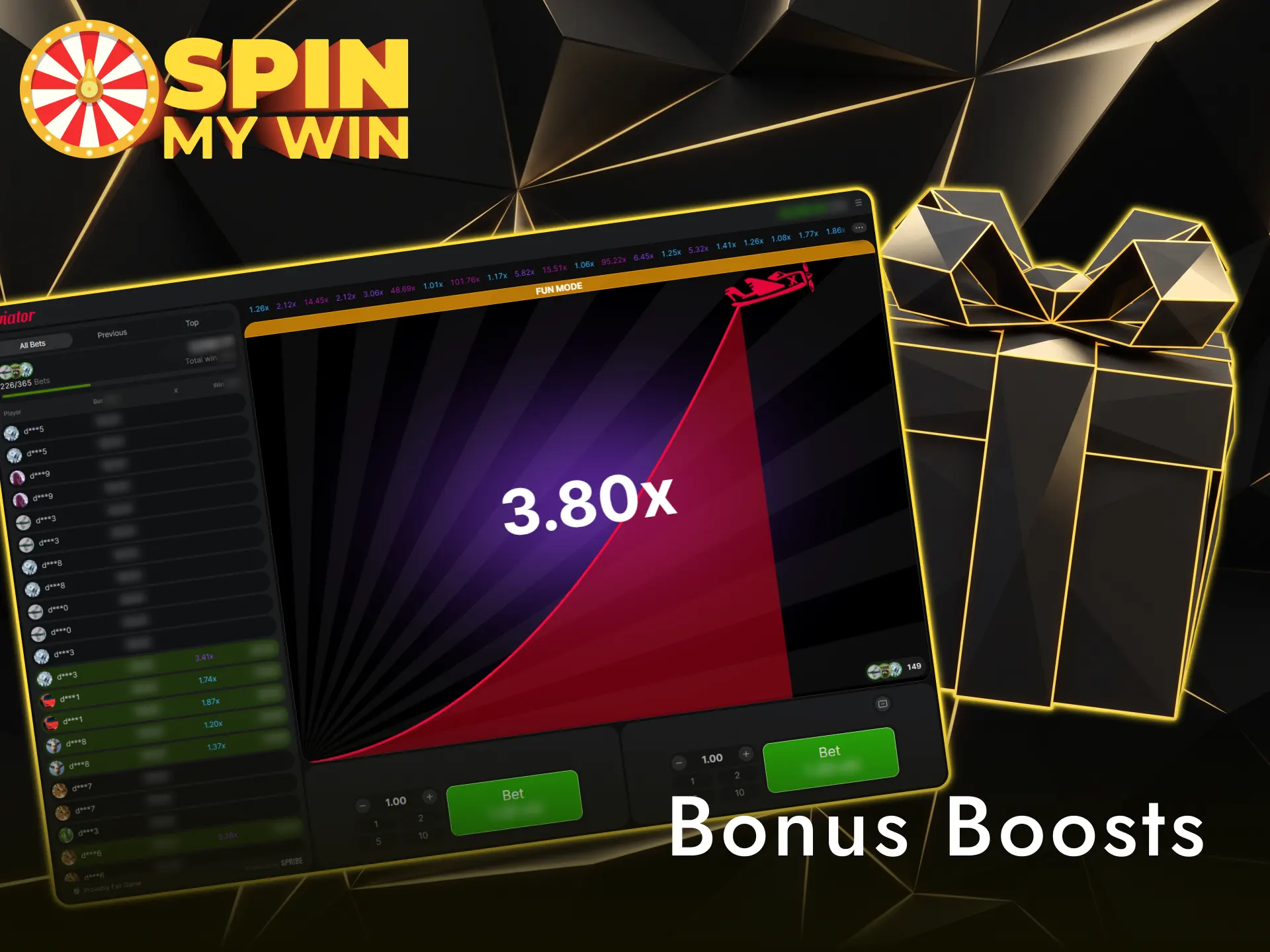 Claim bonus boosts to enhance your Spin My Win Casino Aviator rounds.