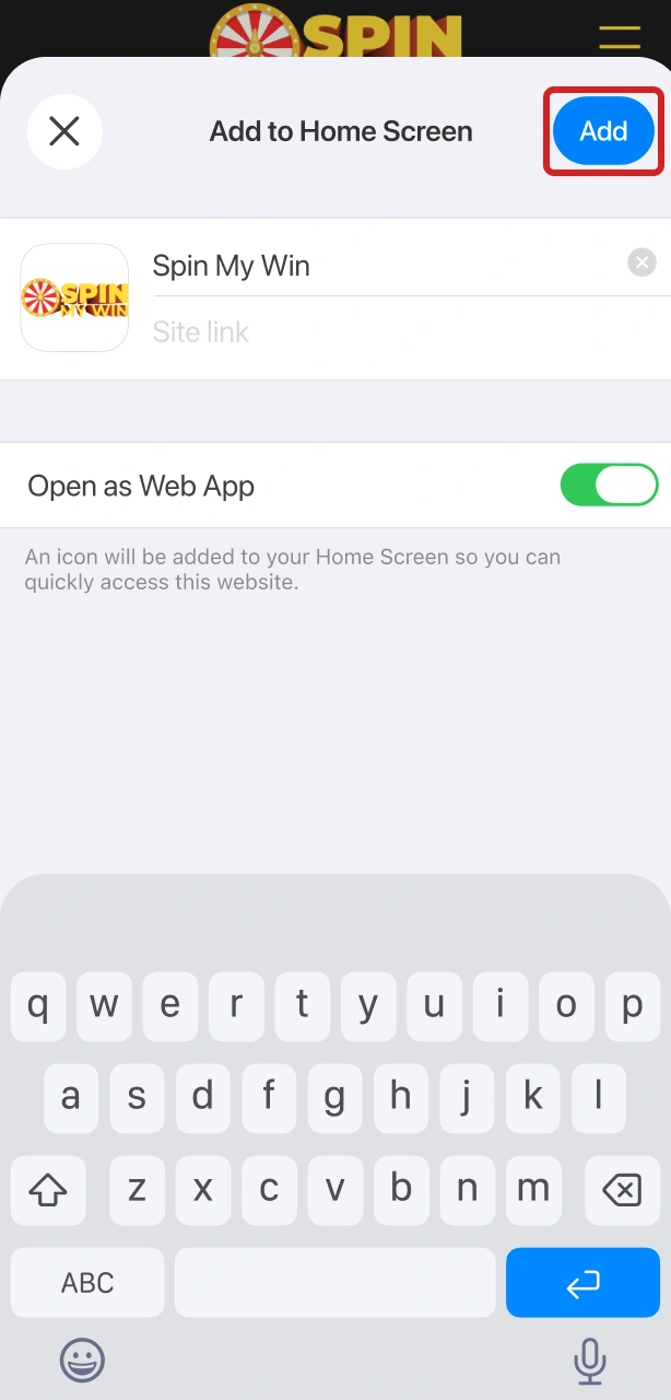 Name the mobile shortcut to create your Spin My Win Casino iOS web app.