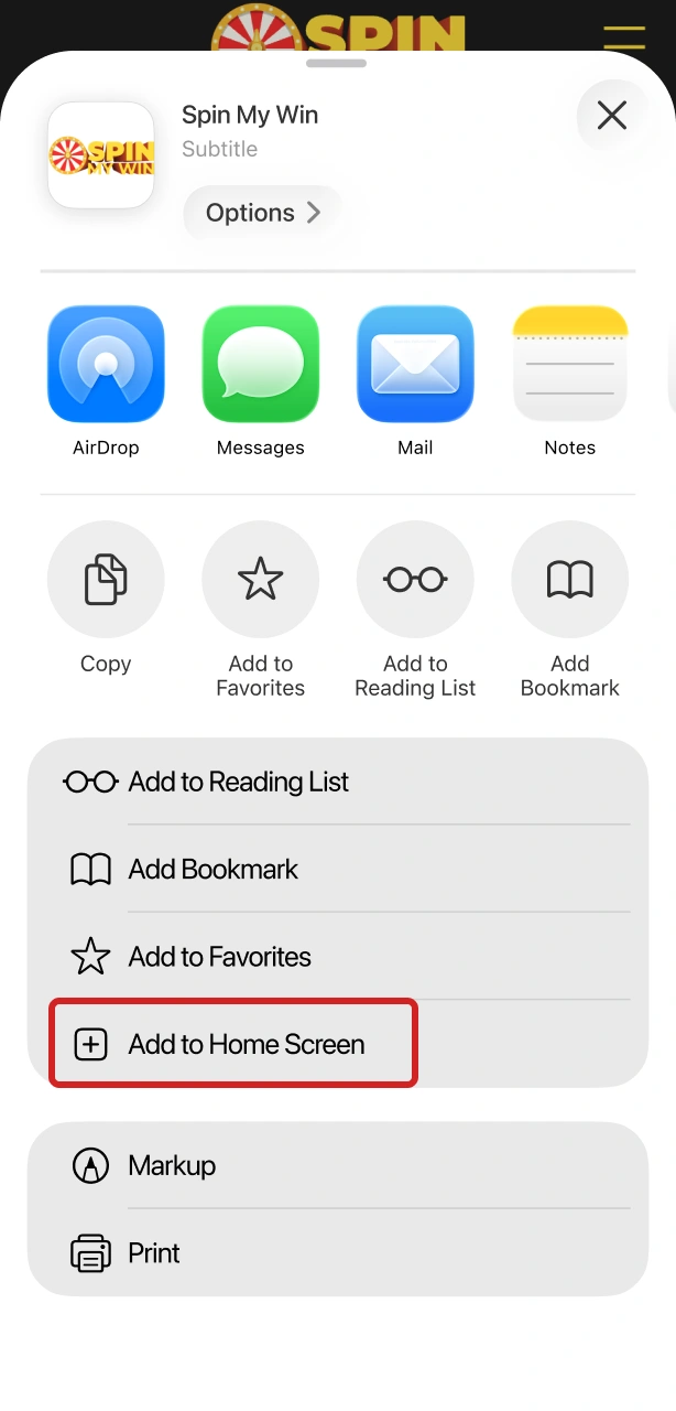 Tap the Share button in Safari to add the Spin My Win Casino iOS web app.