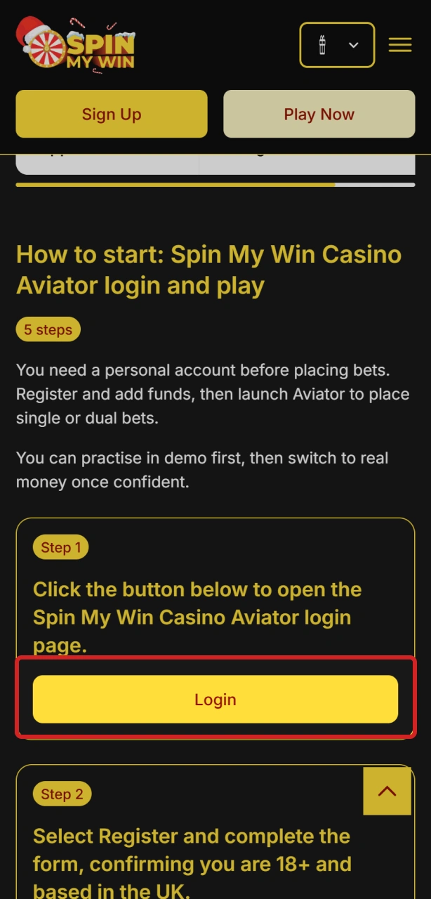 Open the Spin My Win Casino Aviator login page to begin.