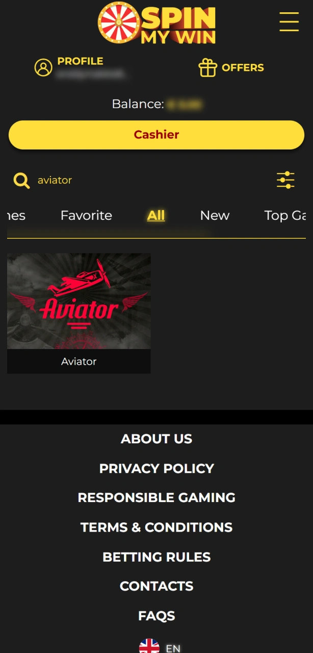 Search for the Aviator game in the Spin My Win Casino lobby.