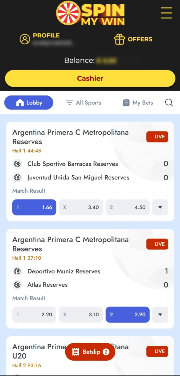 Add your favorite sports selection to the Spin My Win Casino bet slip.