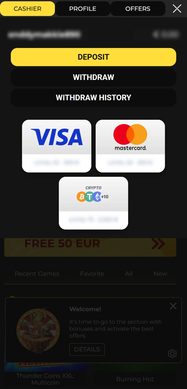Deposit GBP funds to balance your Spin My Win Casino sports betting profile.