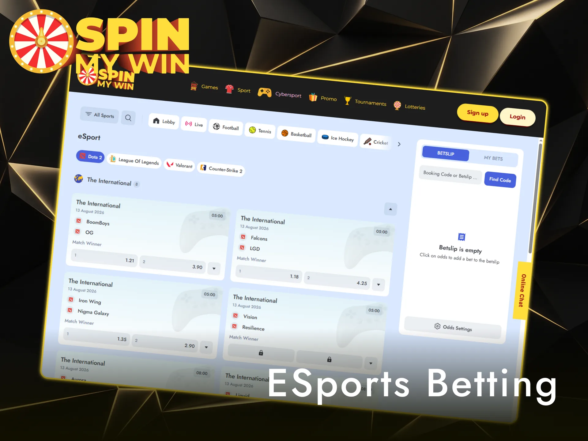 Bet on top esports tournaments using the Spin My Win Casino sportsbook.