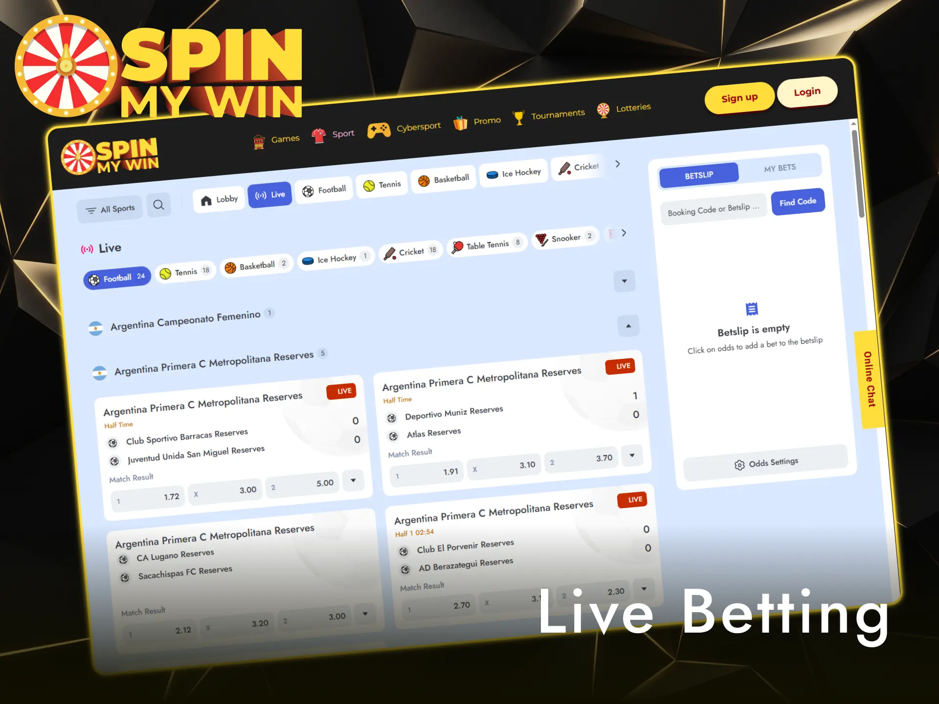 Experience real-time live betting features on the Spin My Win Casino sports platform.