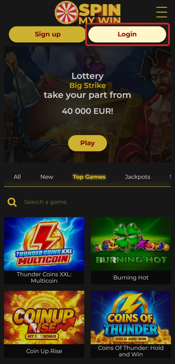 Open the login panel on the Spin My Win Casino account page.