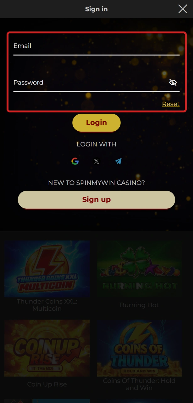 Enter registered email details during the Spin My Win Casino login process.