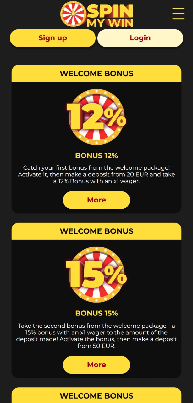Examine the clear bonuses page interface on the Spin My Win Casino site.