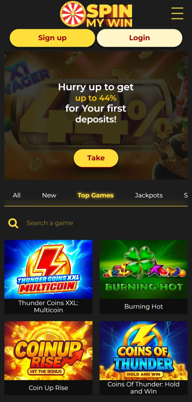 Explore the responsive Spin My Win Casino home page interface for seamless navigation.