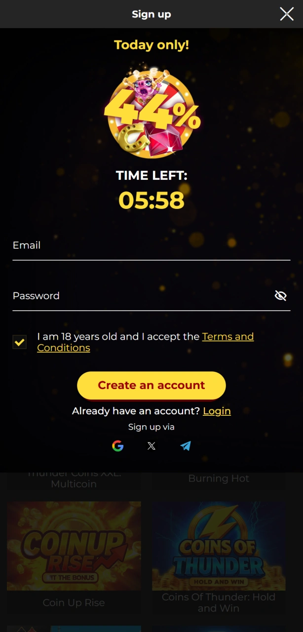 View the quick registration page layout on the Spin My Win Casino platform.