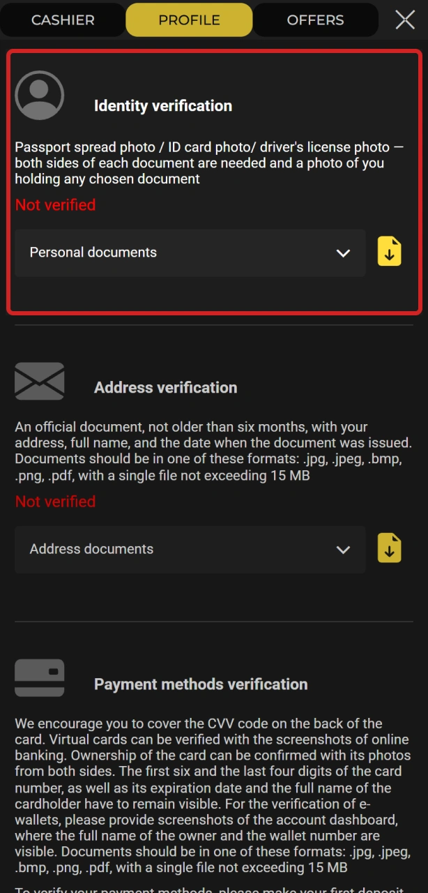 Upload ID proof during your Spin My Win Casino account verification process.