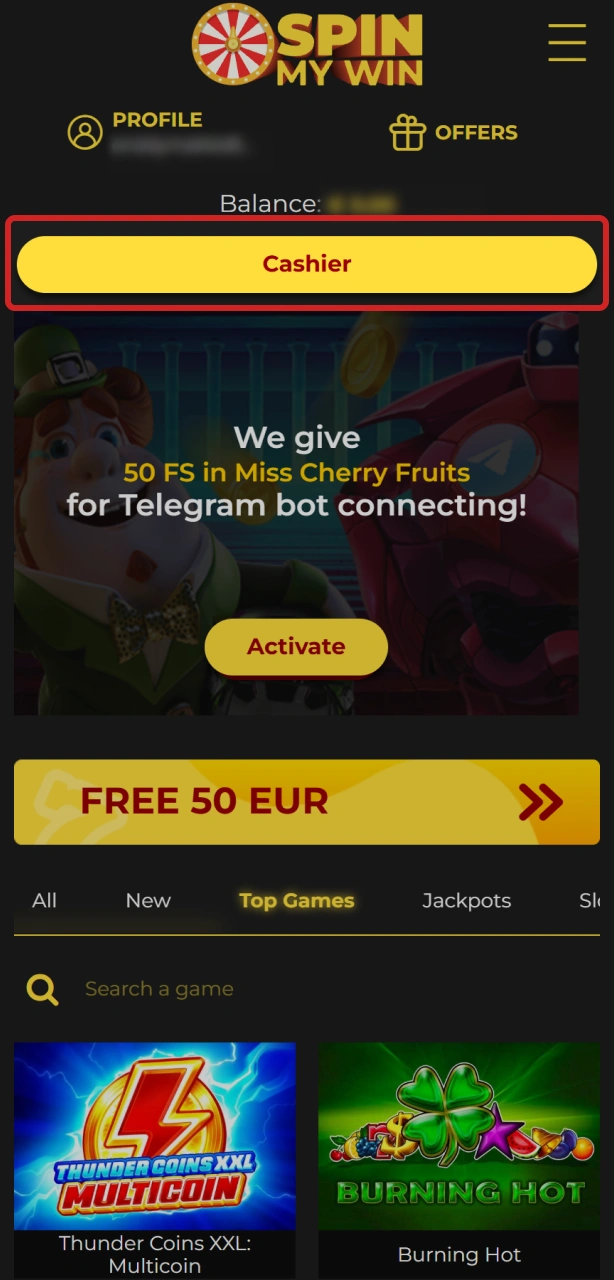 Open the cashier section to start a deposit at Spin My Win Casino.