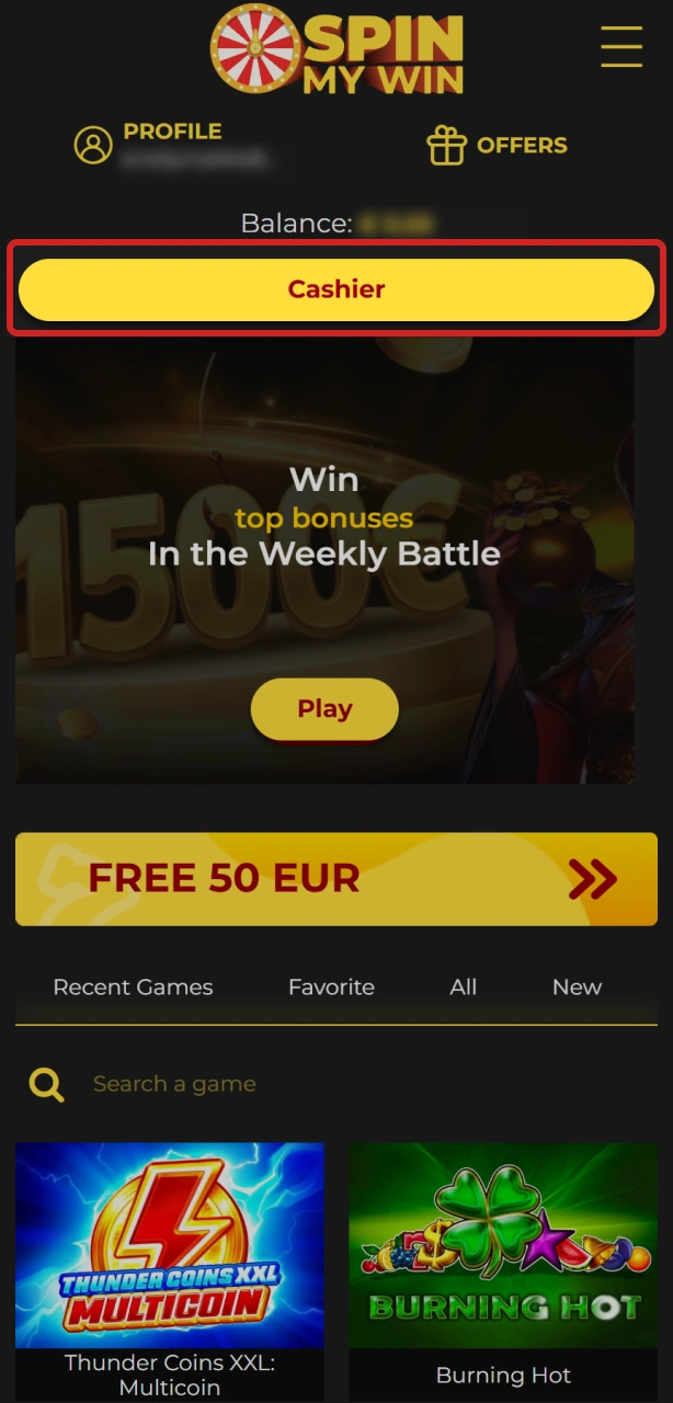 Access the cashier section to initiate a withdrawal at Spin My Win Casino.