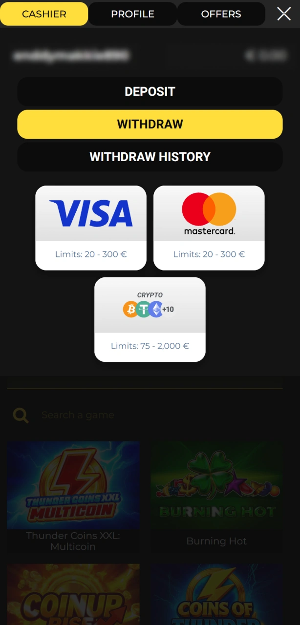 Select your preferred payment option for Spin My Win Casino withdrawal.