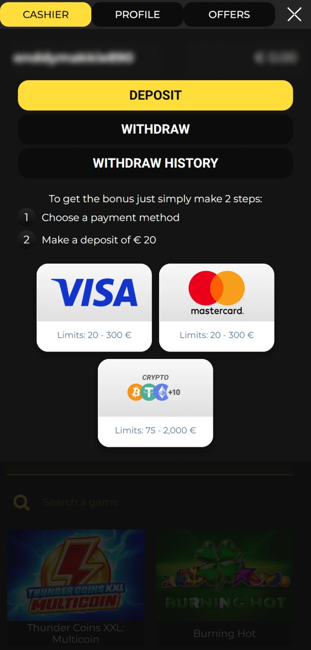 Pick a convenient payment method for your Spin My Win Casino deposit.