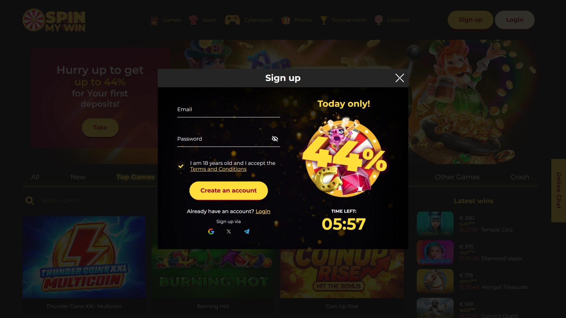 Select registration method during Spin My Win Casino sign up.