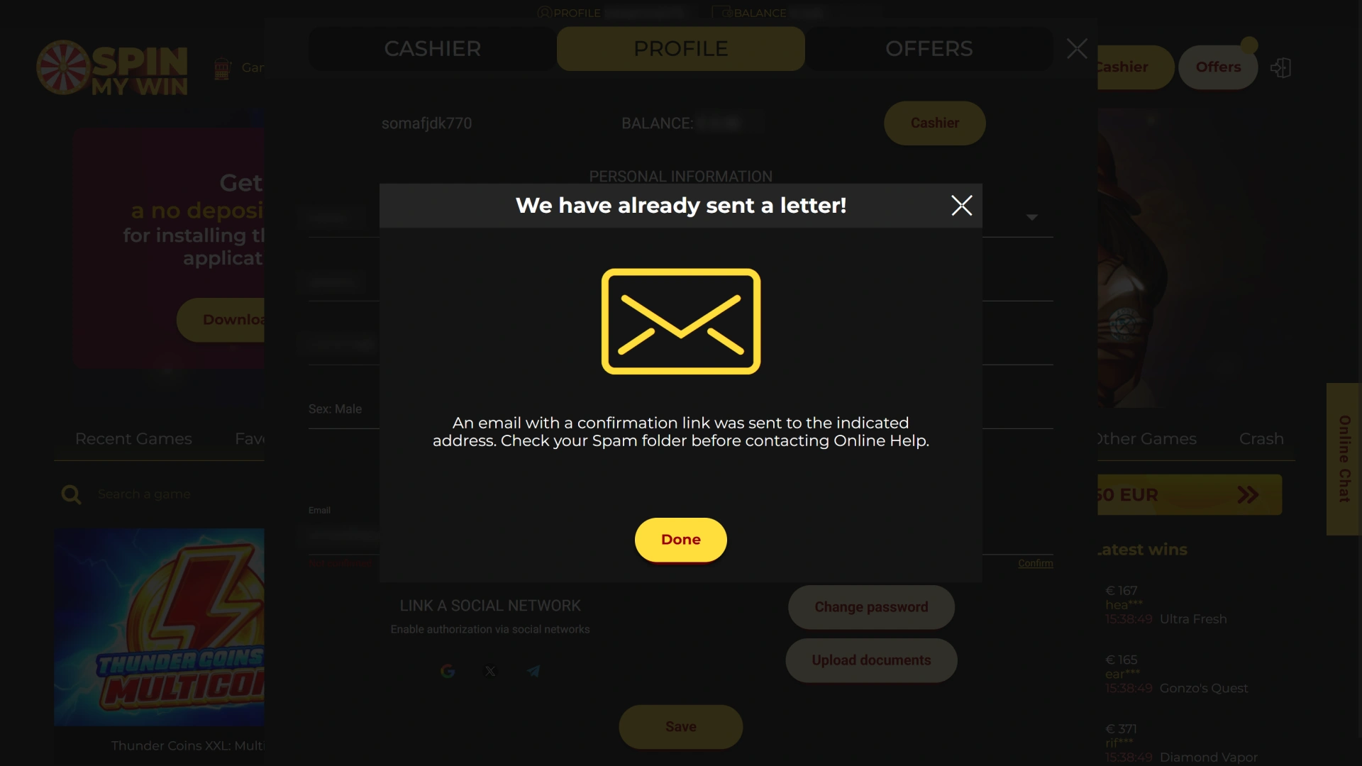Submit sign up form to finish Spin My Win Casino registration.