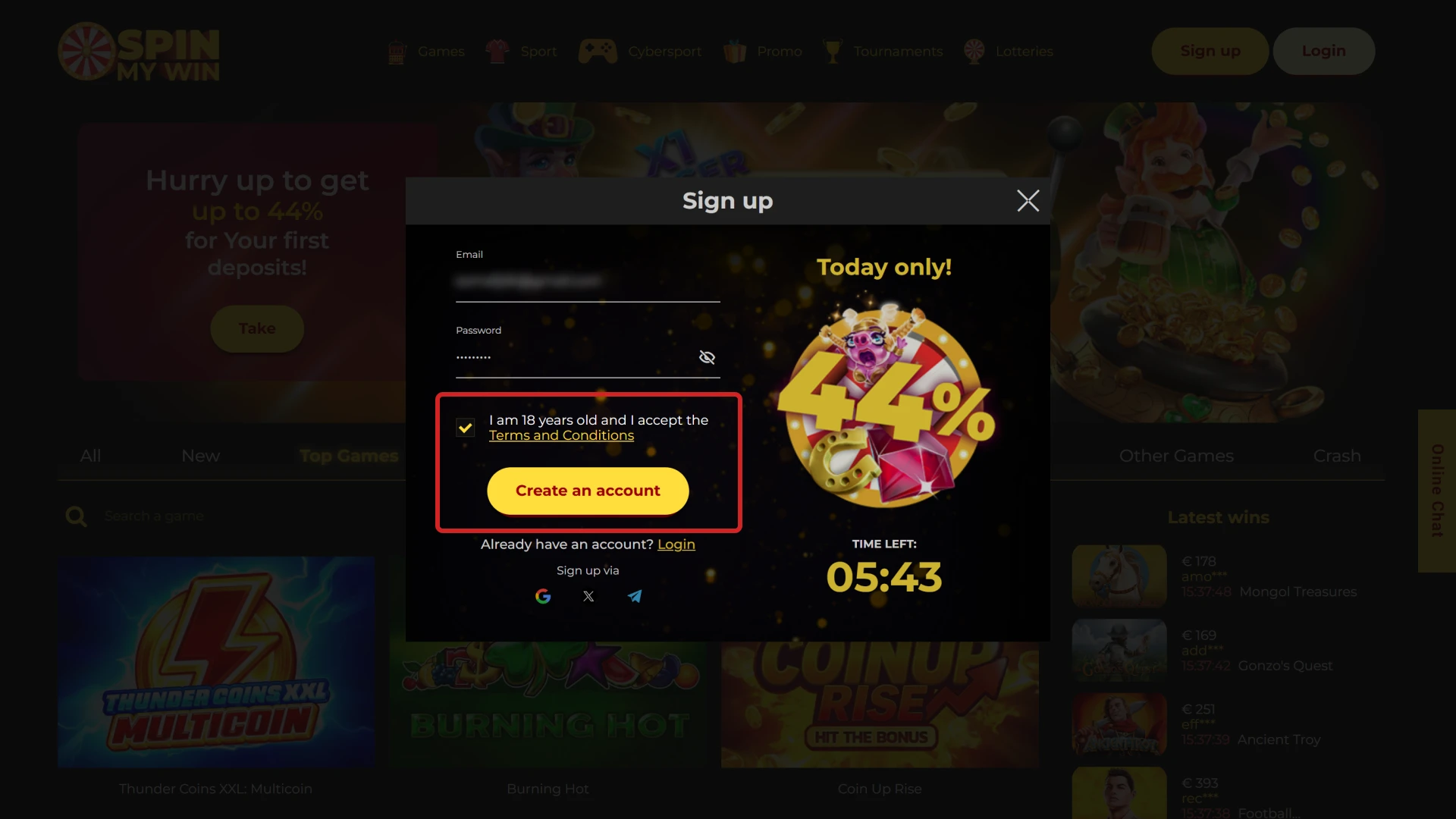 Confirm details entered during Spin My Win Casino sign up.