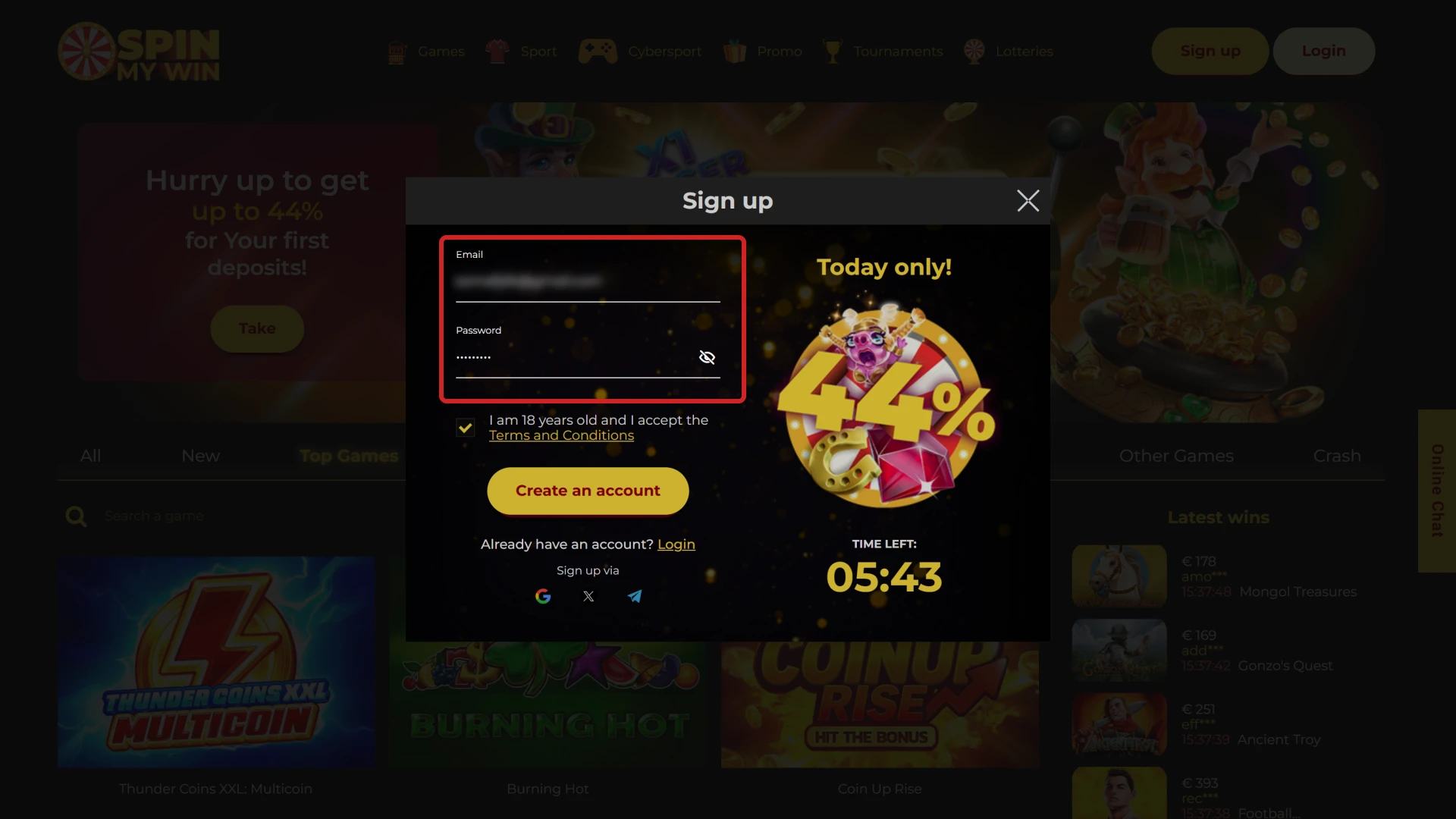 Provide personal details for Spin My Win Casino sign up.