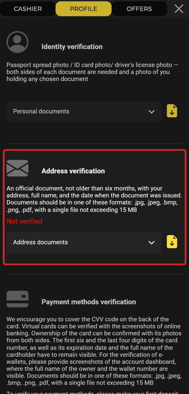 Submit proof of address for Spin My Win Casino verification.