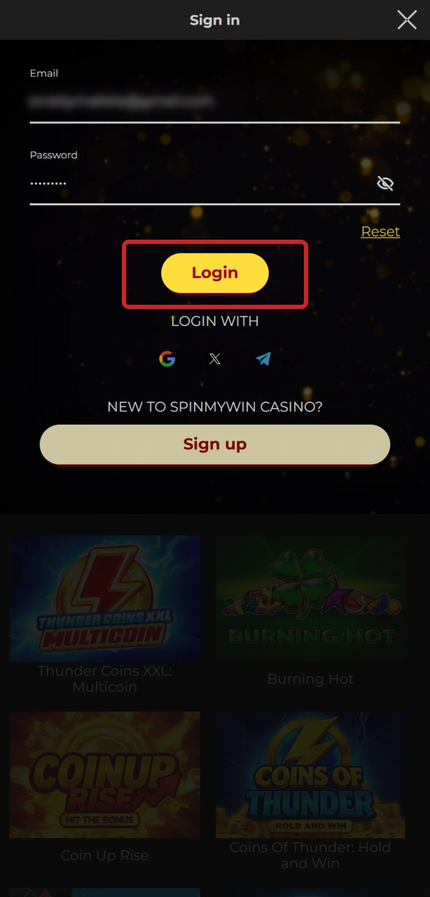 Log in via the mobile app to enjoy Spin My Win Casino games.