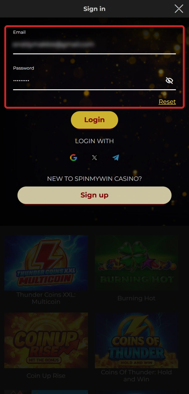 Enter credentials to sign in to your Spin My Win Casino account.