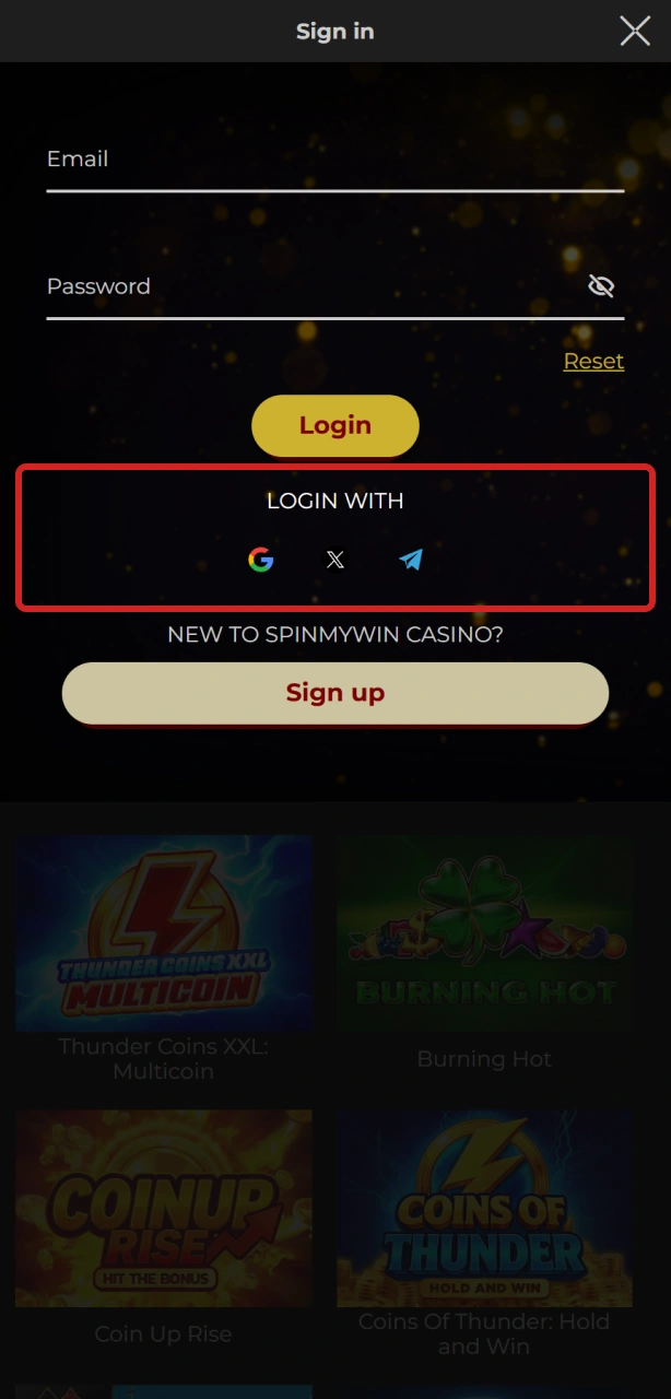 Use social sign in for quick Spin My Win Casino account access.