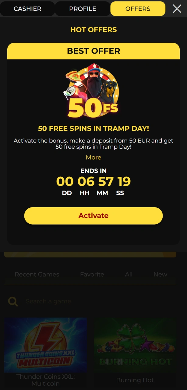 Claim available promotions to boost your funds for Spin My Win Casino slots.