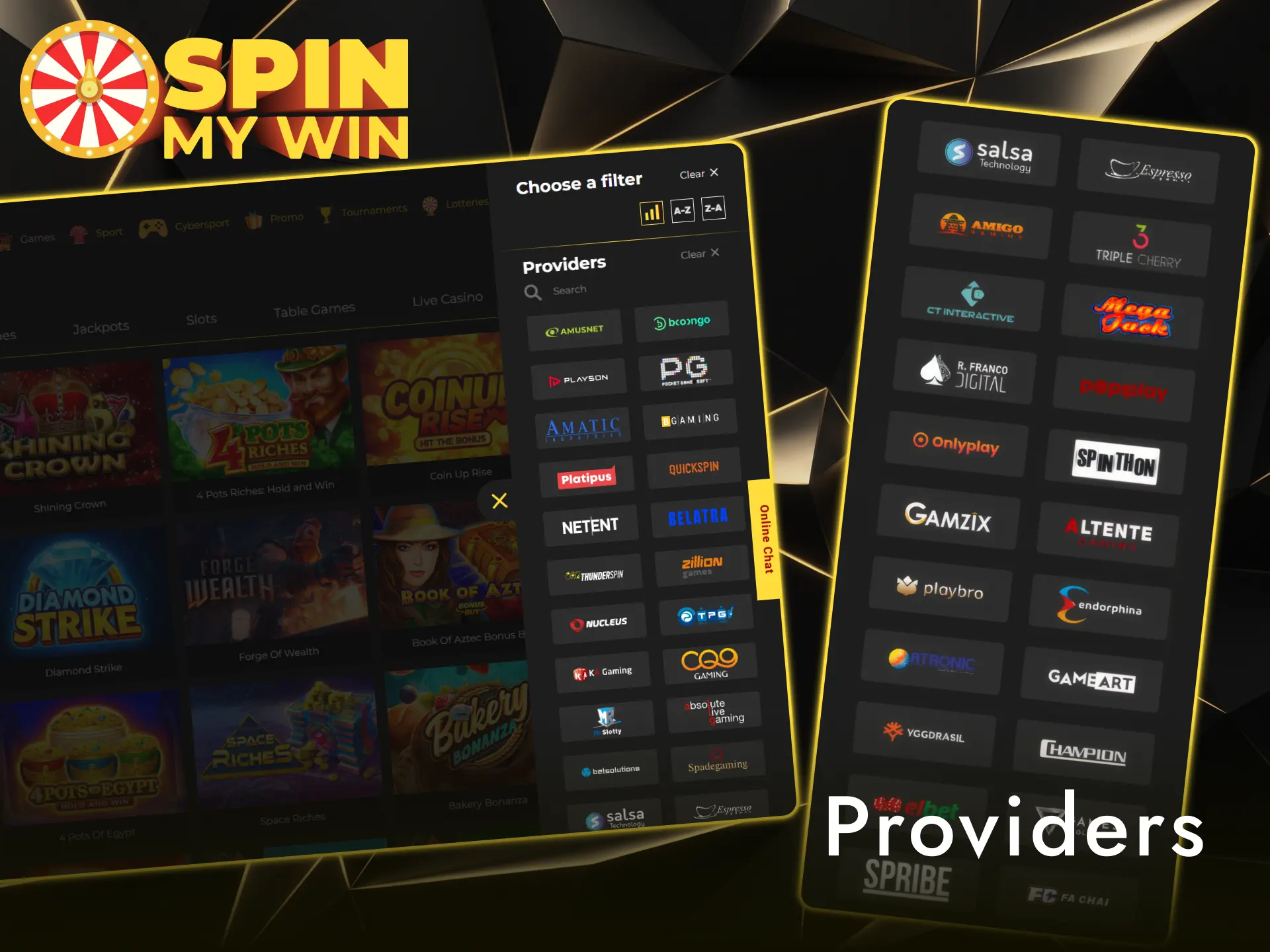 Browse top software providers powering online slots at Spin My Win Casino.